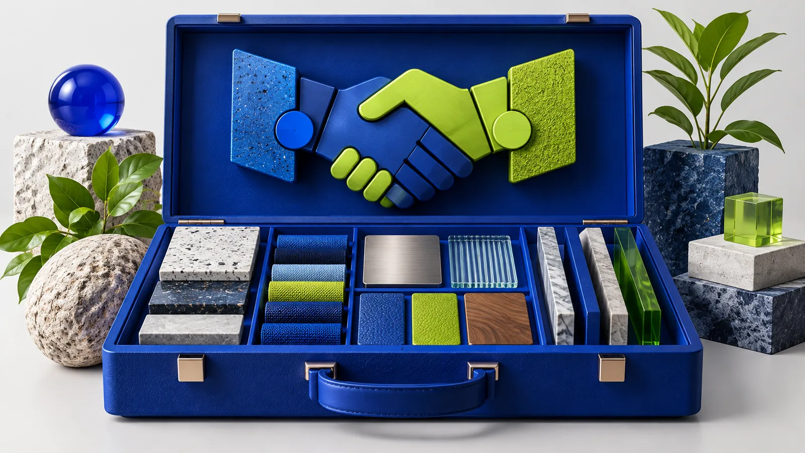 Açık mavi numune çantası, malzeme örnekleri ve lime bağlantı heykeli.