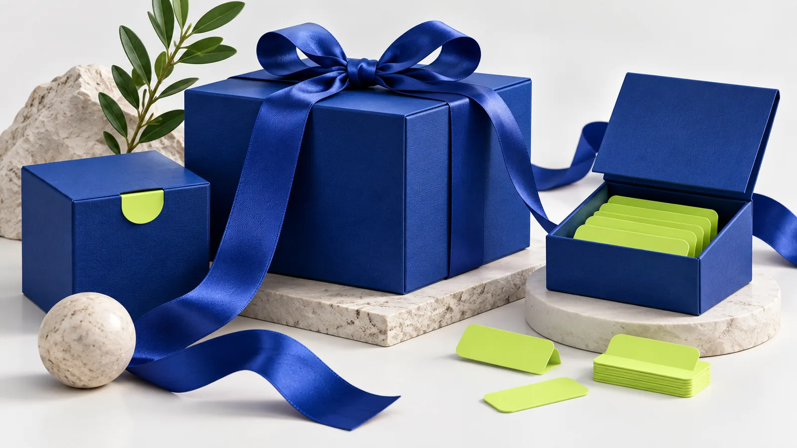 Mavi kurdeleli paketler ve lime planlama ayraçları.