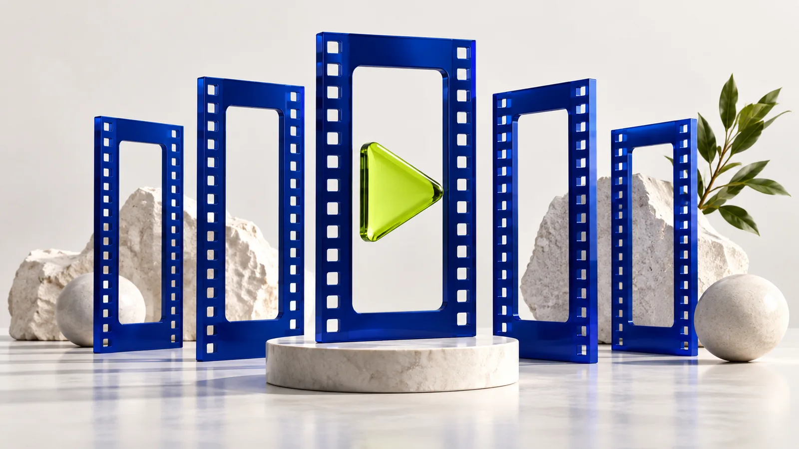 Dikey mavi film çerçeveleri arasında lime oynat simgesi.